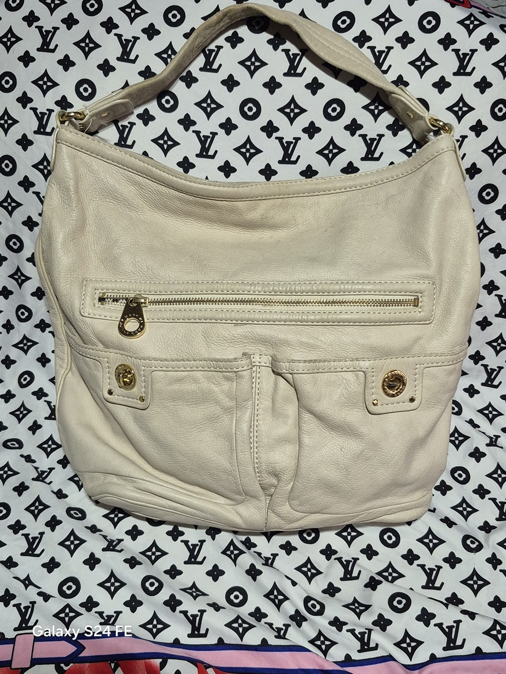 Y2K Marc Jacobs Cream Leather Hobo Tote with Gold Hardware